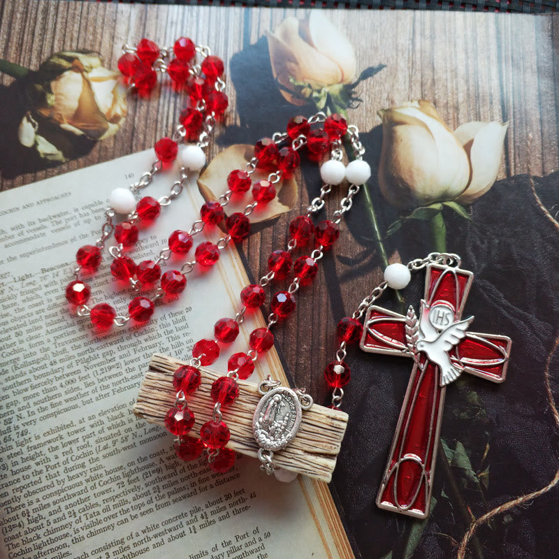 IHS Holy Spirit Dove Cross Pendant Red Beads Rosary - image 2