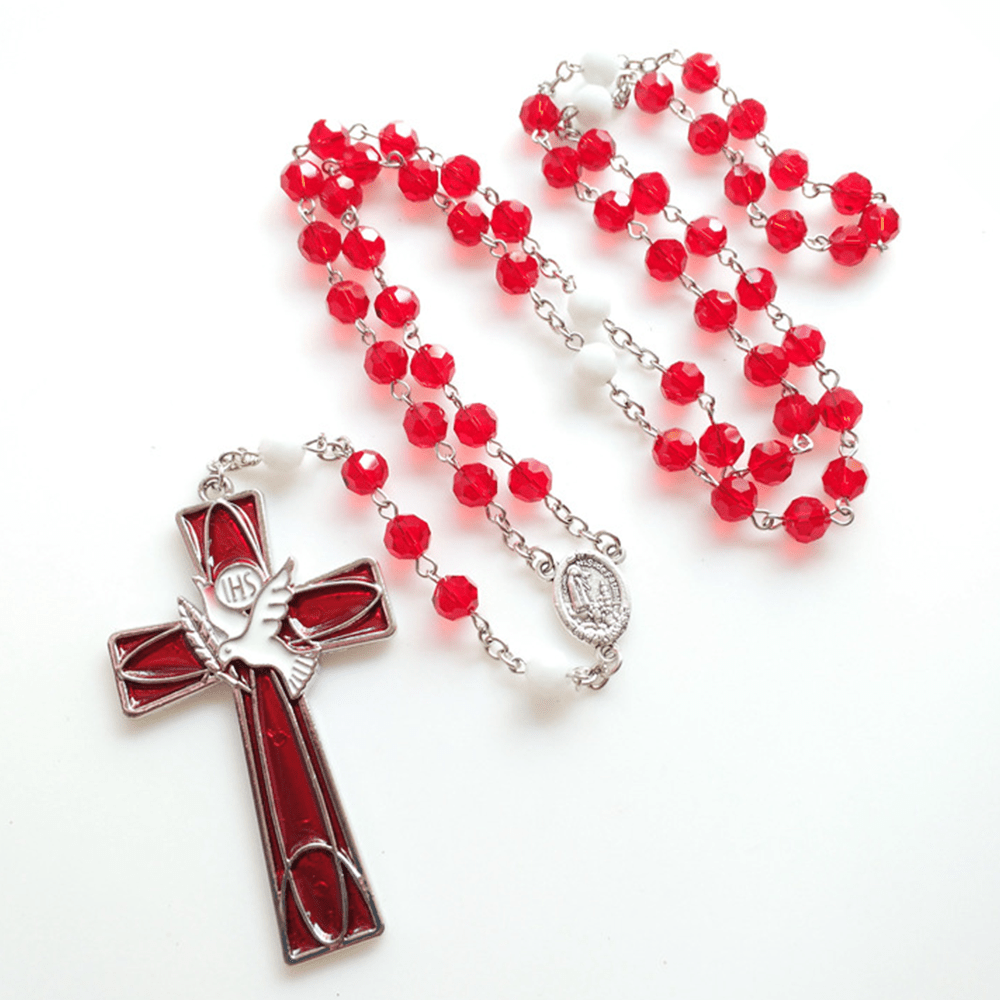 IHS Holy Spirit Dove Cross Pendant Red Beads Rosary - image 5