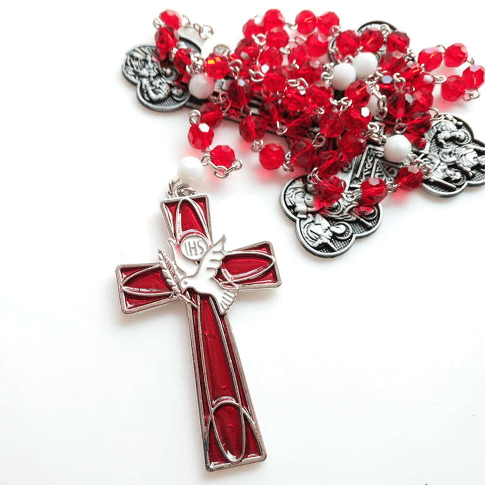 IHS Holy Spirit Dove Cross Pendant Red Beads Rosary - image 3
