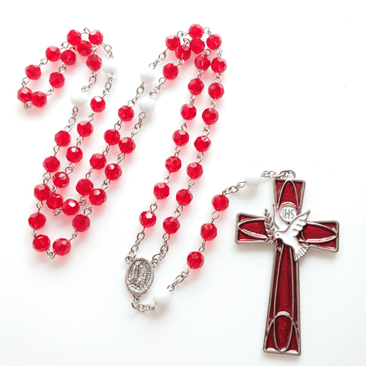 IHS Holy Spirit Dove Cross Pendant Red Beads Rosary - image 6