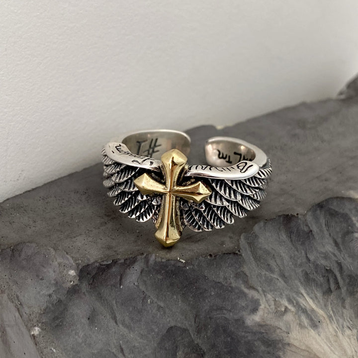 Christianartworkshop Retro Wings Cross Graffiti Letter Adjustable Ring - Adjustable - image 1