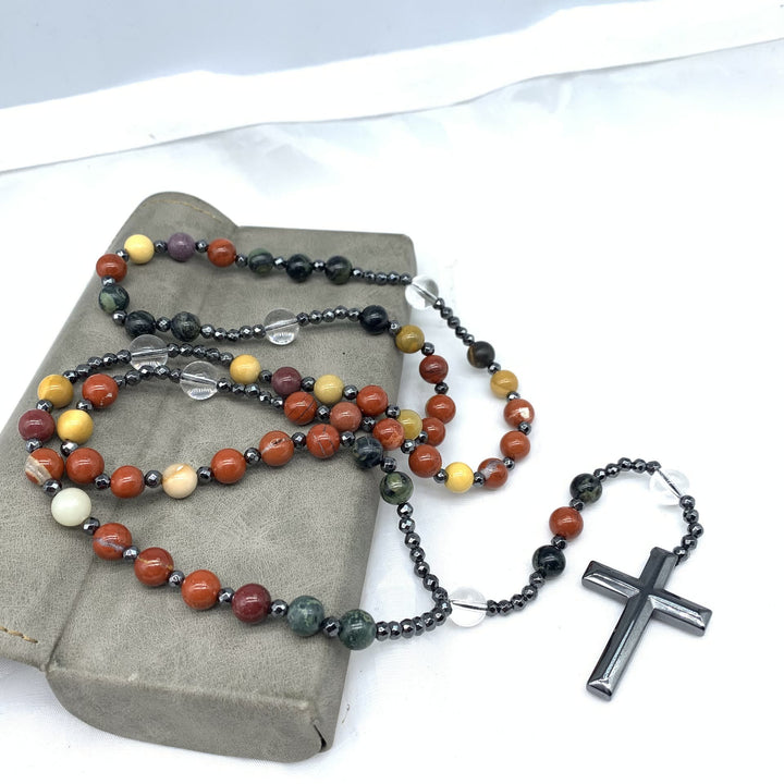 Hematite Cross Pendant Natural Stone Mix Christian Rosary - image 3
