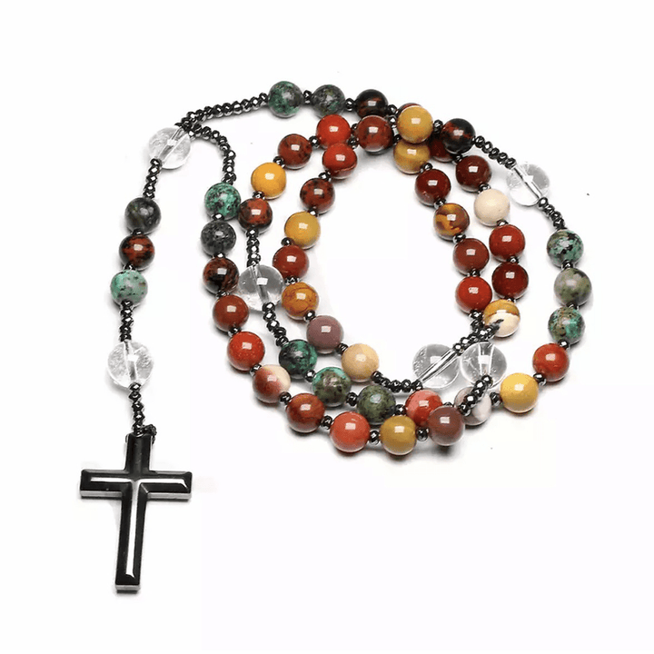 Hematite Cross Pendant Natural Stone Mix Christian Rosary - image 2