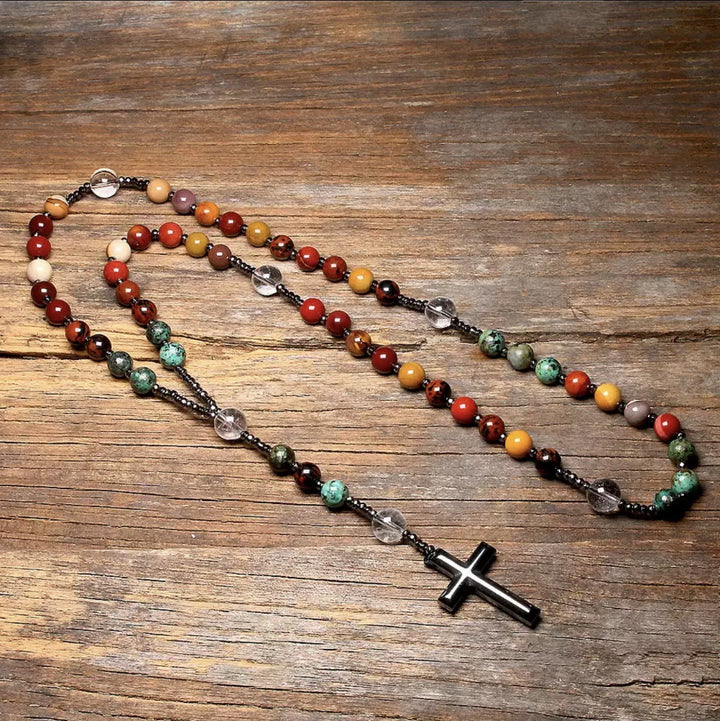 Hematite Cross Pendant Natural Stone Mix Christian Rosary - Maple - image 1