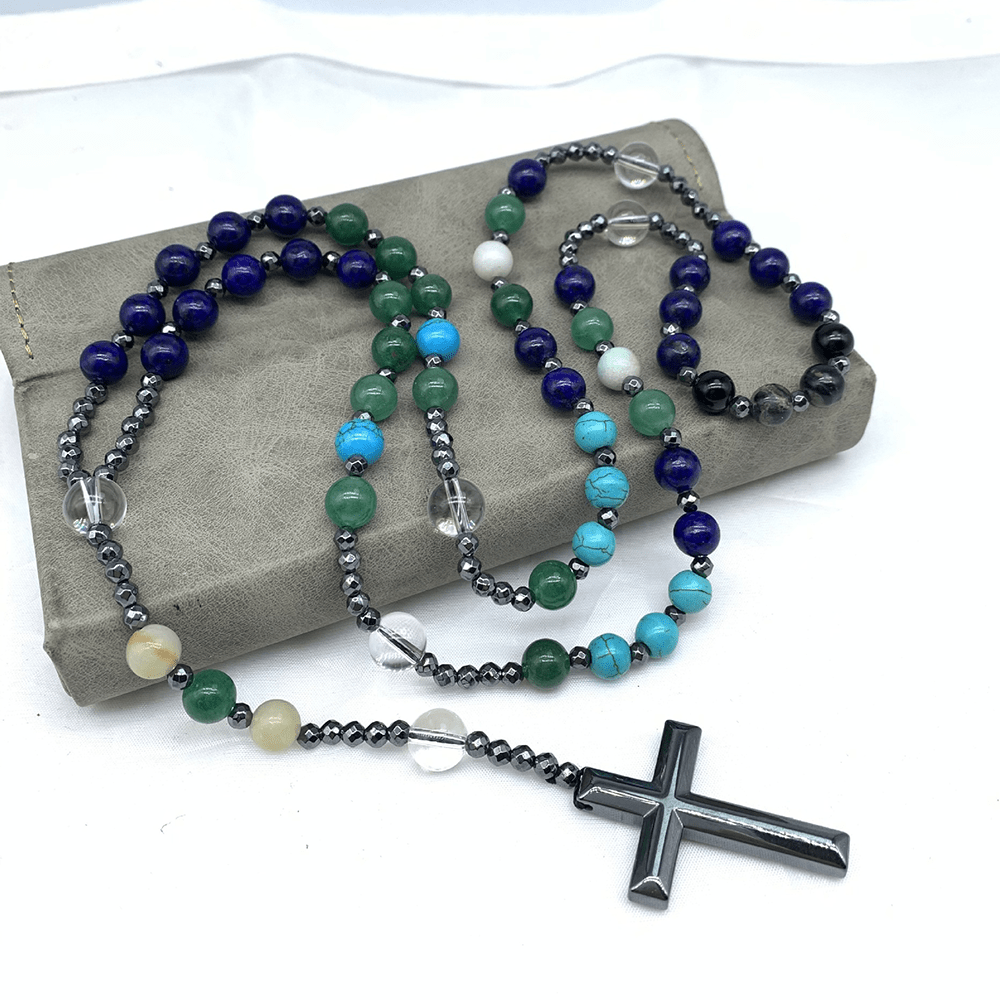 Hematite Cross Pendant Natural Stone Mix Christian Rosary - image 8
