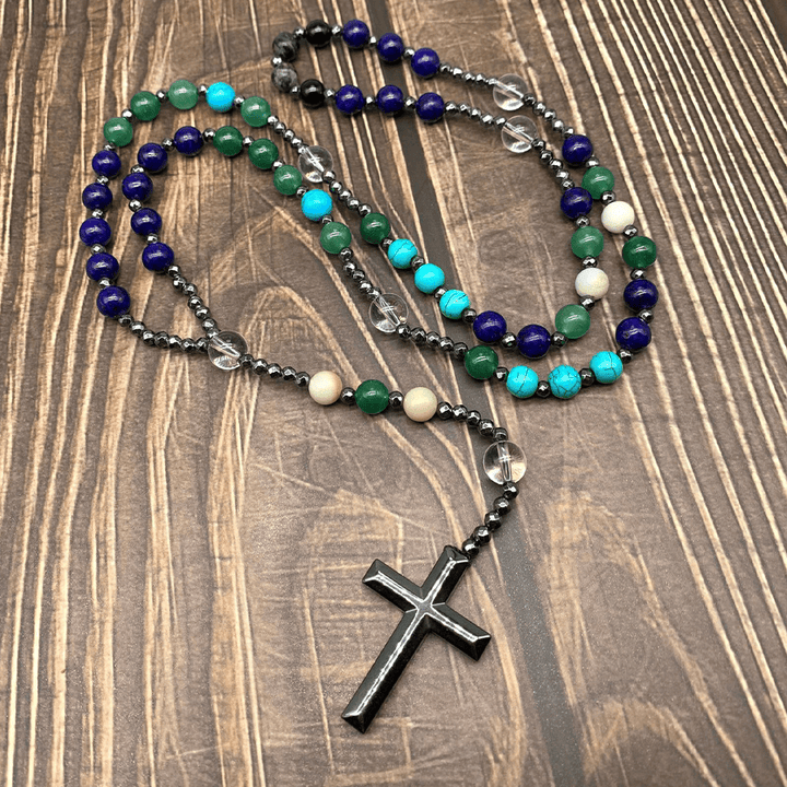 Hematite Cross Pendant Natural Stone Mix Christian Rosary - image 7