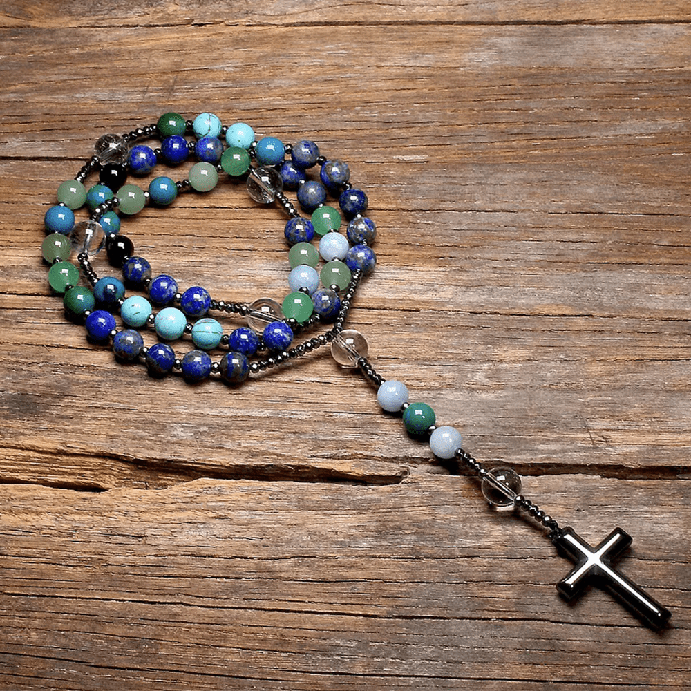 Hematite Cross Pendant Natural Stone Mix Christian Rosary - Aquamarine - image 5