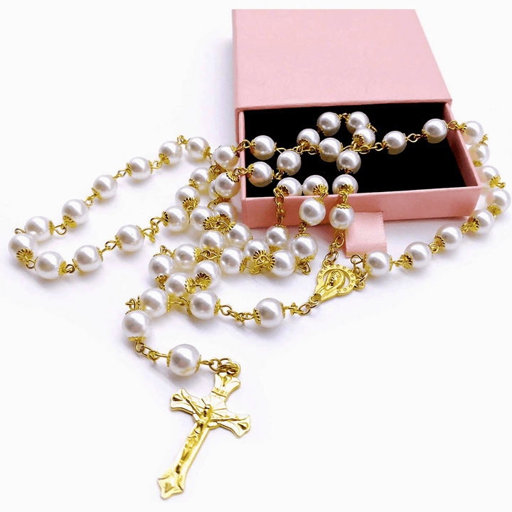 White Pearl Beads Catholic Blessing Rosary - image 6