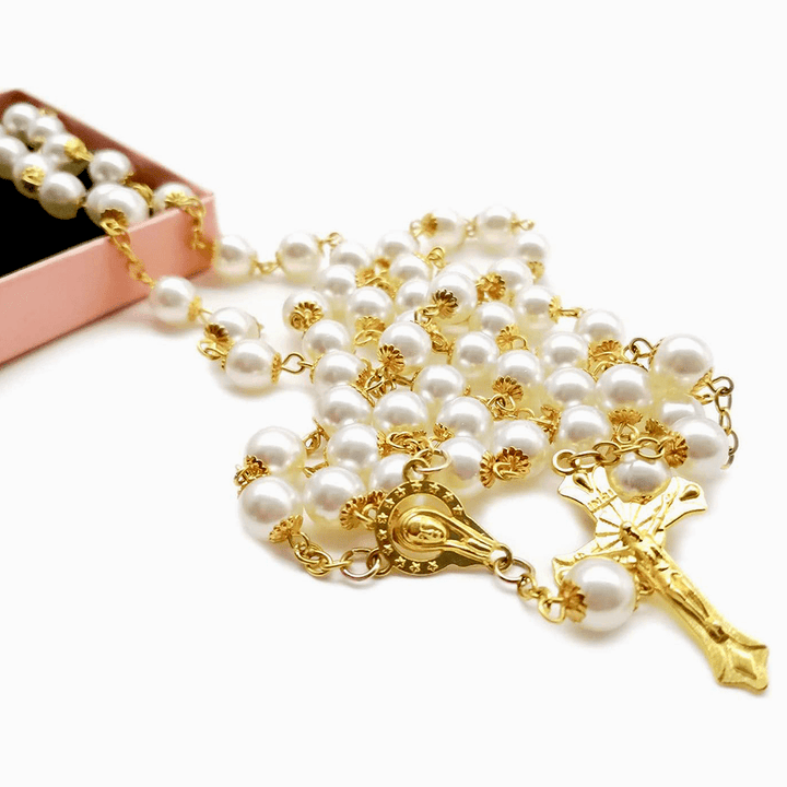 White Pearl Beads Catholic Blessing Rosary - image 8