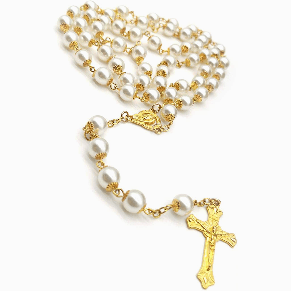 White Pearl Beads Catholic Blessing Rosary - image 5