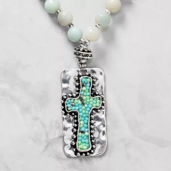 Christianartworkshop Natural Stone Cross Handmade Beaded Necklace Jewelry  - image 3