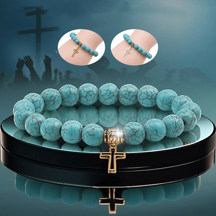 Christianartworkshop 10mm Turquoise Beads Christian Cross Bracelet - Golden - image 1