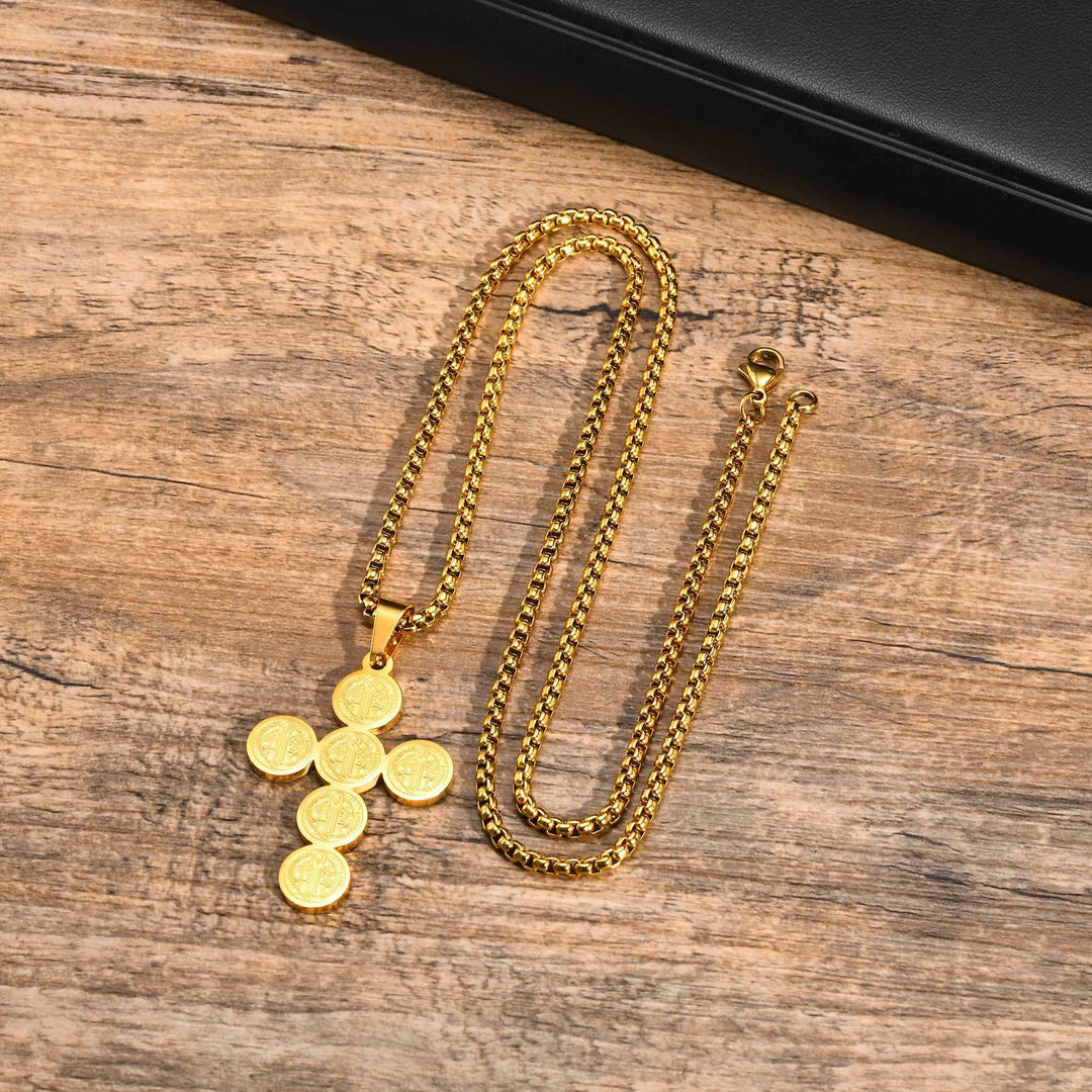 Round St. Benedict Cross Gold Pendant Necklace - image 2