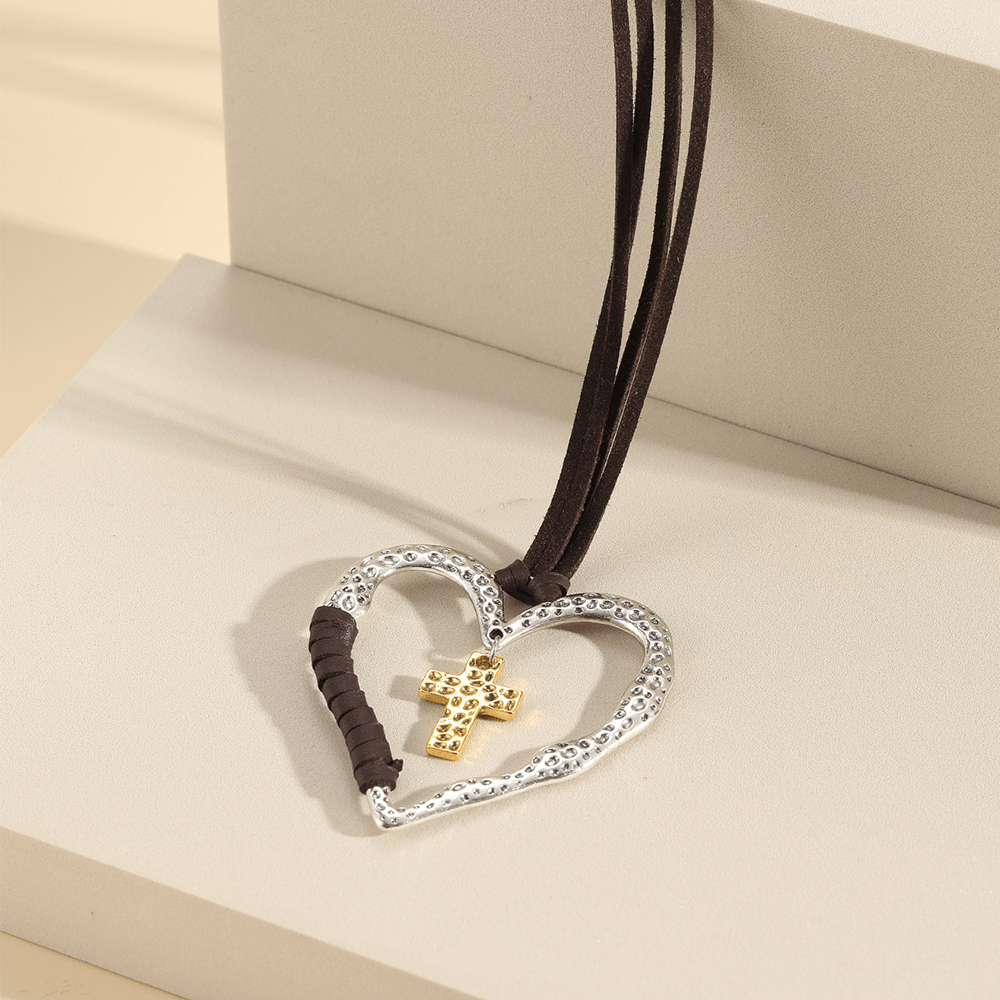 Alloy Heart Cross Pendant Necklace - Black - image 5