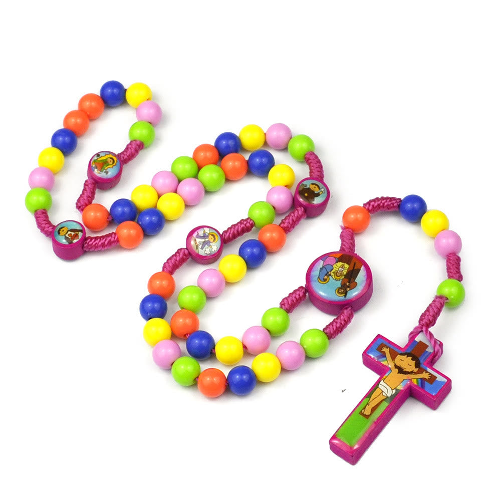 Colorful Round Beads Cross Pendant Children Rosary - Pink - image 1
