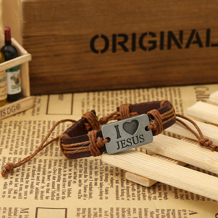 Christianartworkshop "I Love Jesus"  Jewelry Cross Adjustable Leather Bracelet - Khaki-string - image 15