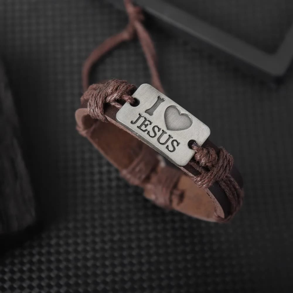 Christianartworkshop "I Love Jesus"  Jewelry Cross Adjustable Leather Bracelet - Brown-string - image 12