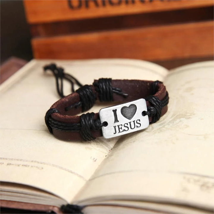 Christianartworkshop "I Love Jesus"  Jewelry Cross Adjustable Leather Bracelet - Black-string - image 5