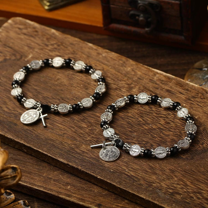 Christianartworkshop Silver St. Benedict Medal Rosary Bracelet - Black - image 1