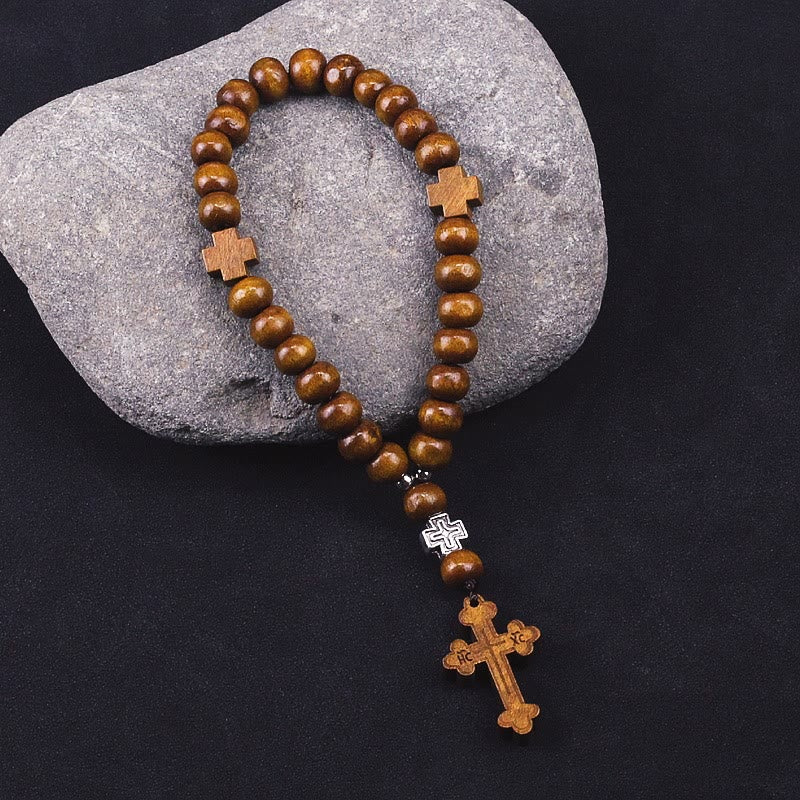 Christ Wooden Baptism Tassel Beaded Bracelet Rosary - Cross - image 1