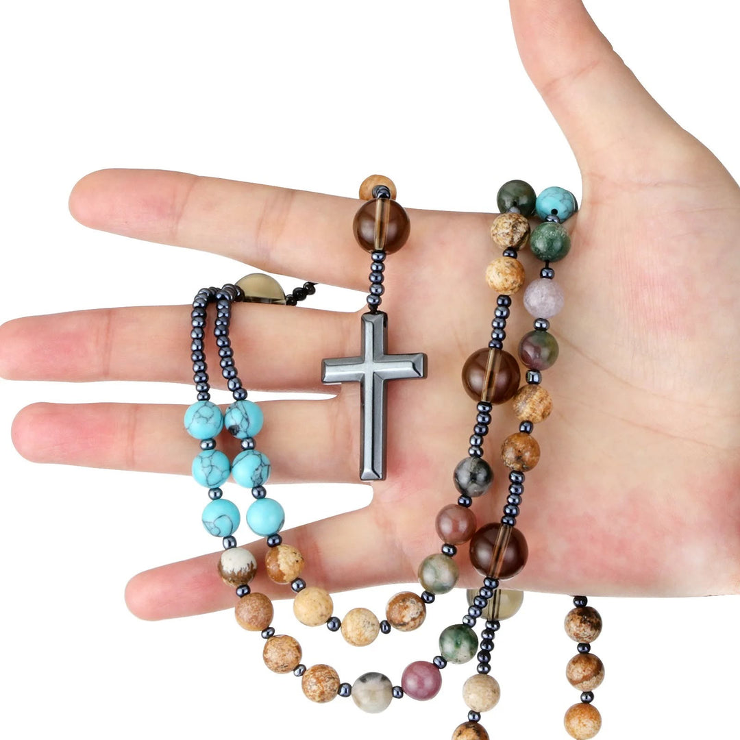 Hematite Cross Christian Religious Seven Stones Rosary - image 2