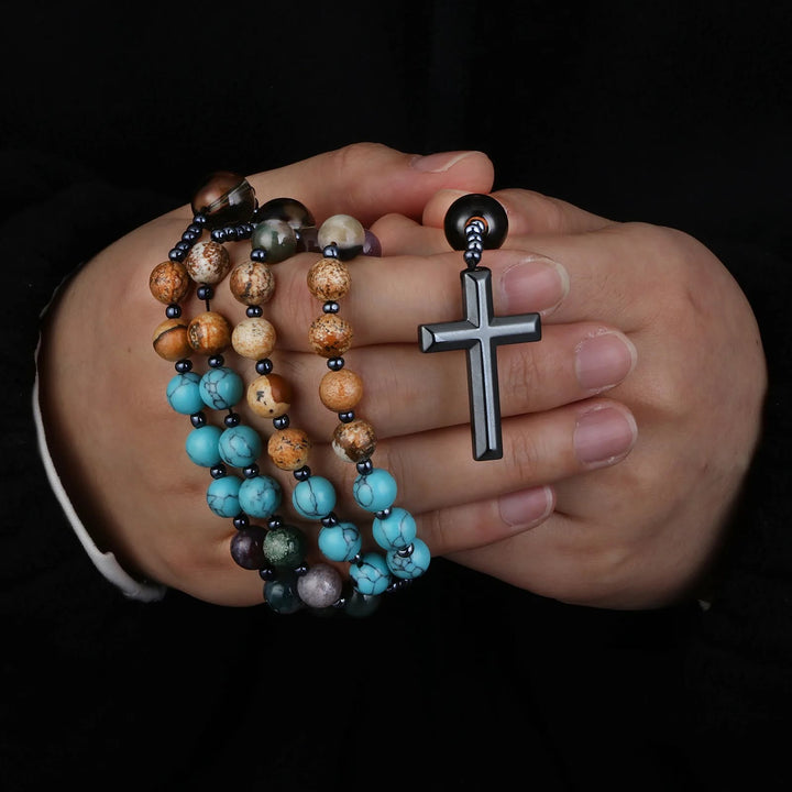 Hematite Cross Christian Religious Seven Stones Rosary - Seven Stones - image 1