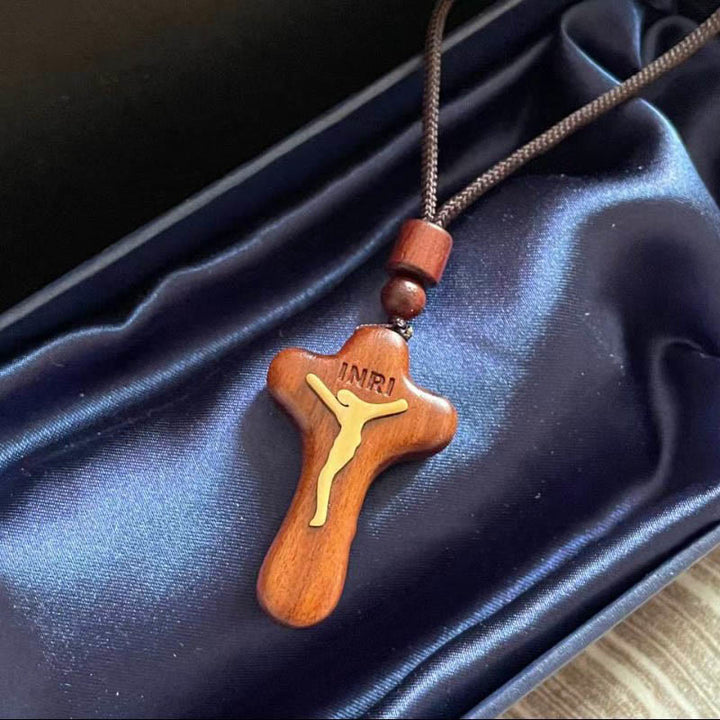 Christianartworkshop Rosewood Inlaid Boxwood Cross Pendant Necklace - image 3