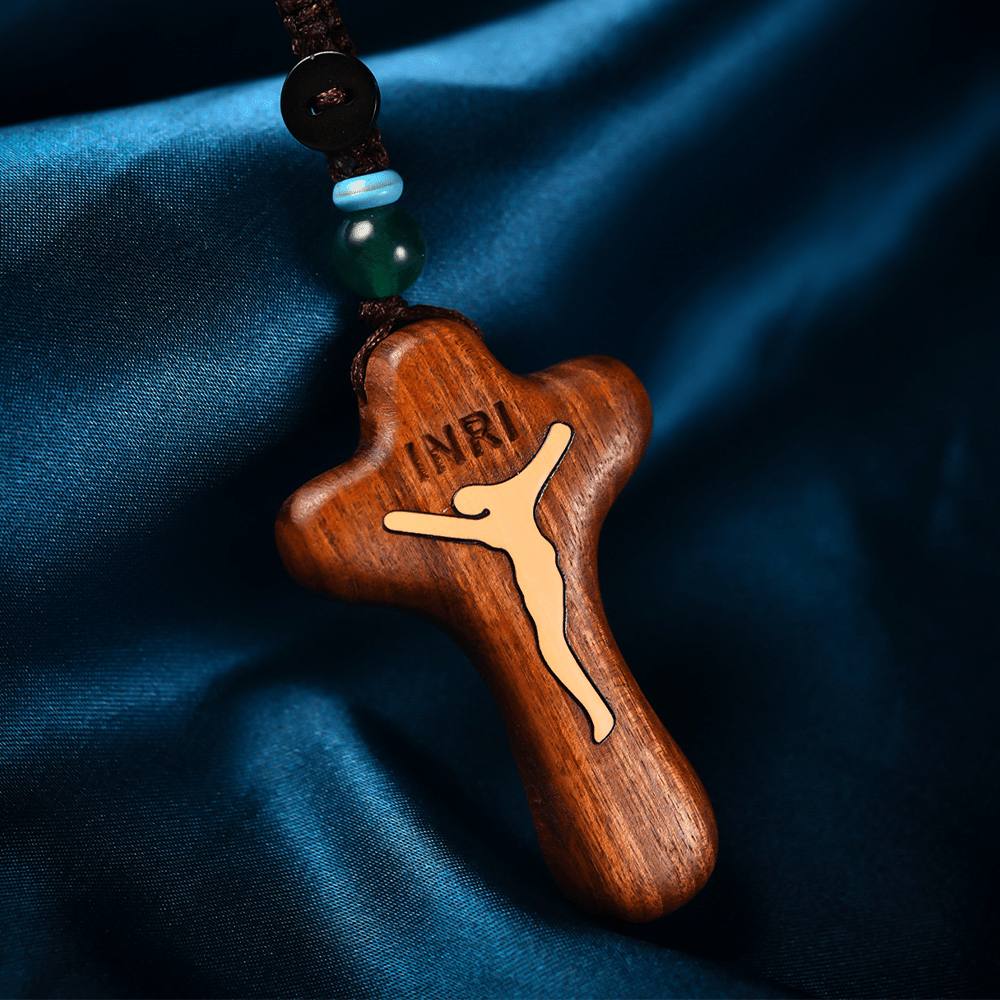 Christianartworkshop Rosewood Inlaid Boxwood Cross Pendant Necklace - Rosewood inlaid boxwood - image 1