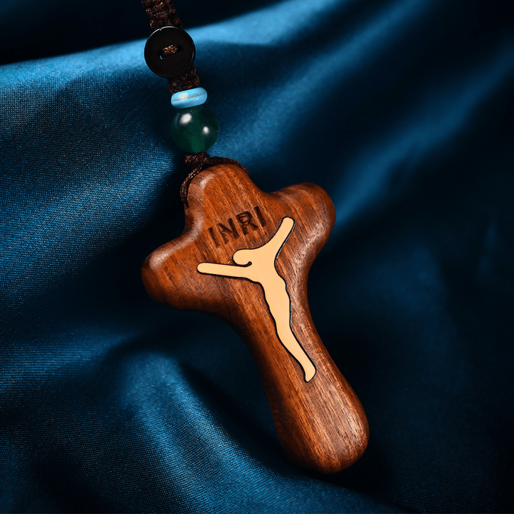 Christianartworkshop Rosewood Inlaid Boxwood Cross Pendant Necklace - Rosewood inlaid boxwood - image 1