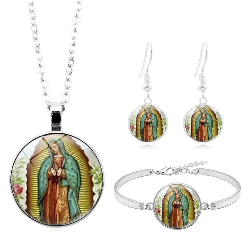 Christianartworkshop God Bless The Rose Of The Virgin Mary Glass Jewelry Set - 3 Piece Set - image 1
