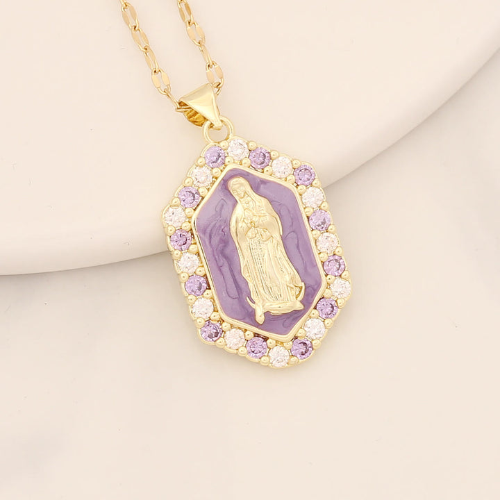Christianartworkshop Exquisite Blessed Mary Micro-inlaid Zircon Necklace - Purple - image 9