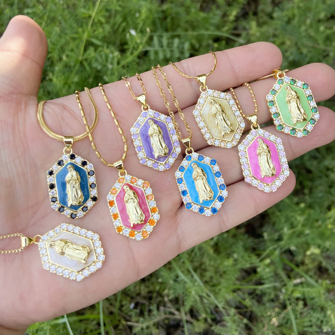 Christianartworkshop Exquisite Blessed Mary Micro-inlaid Zircon Necklace - Navy Blue - image 1