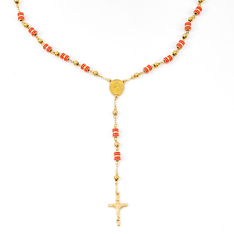 Red Rubber Ring & Gold Beads Cross Rosary - image 4