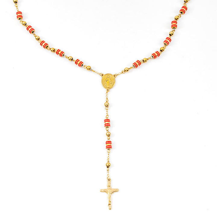 Red Rubber Ring & Gold Beads Cross Rosary - image 4