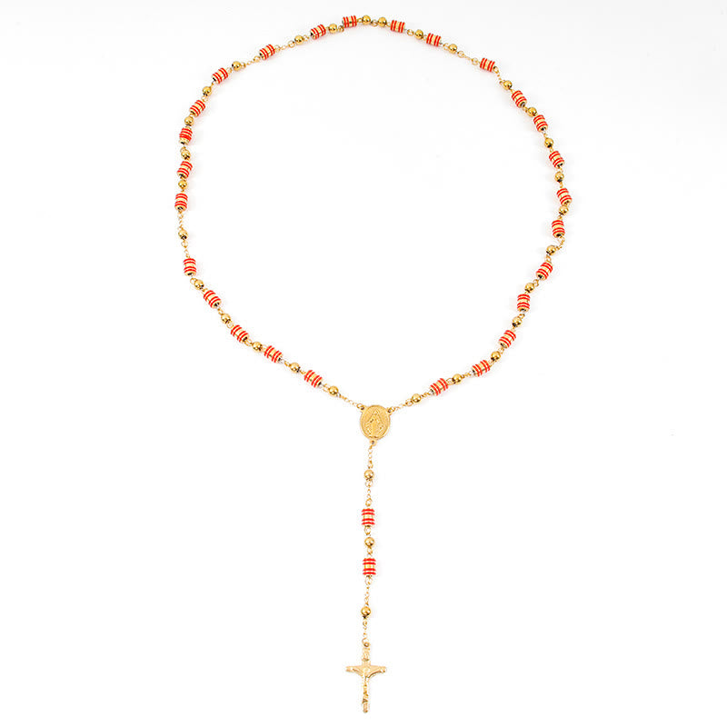 Red Rubber Ring & Gold Beads Cross Rosary - image 5