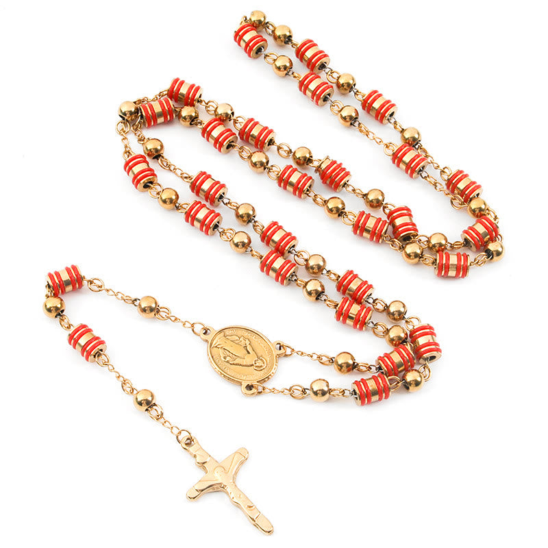Red Rubber Ring & Gold Beads Cross Rosary - Red - image 1