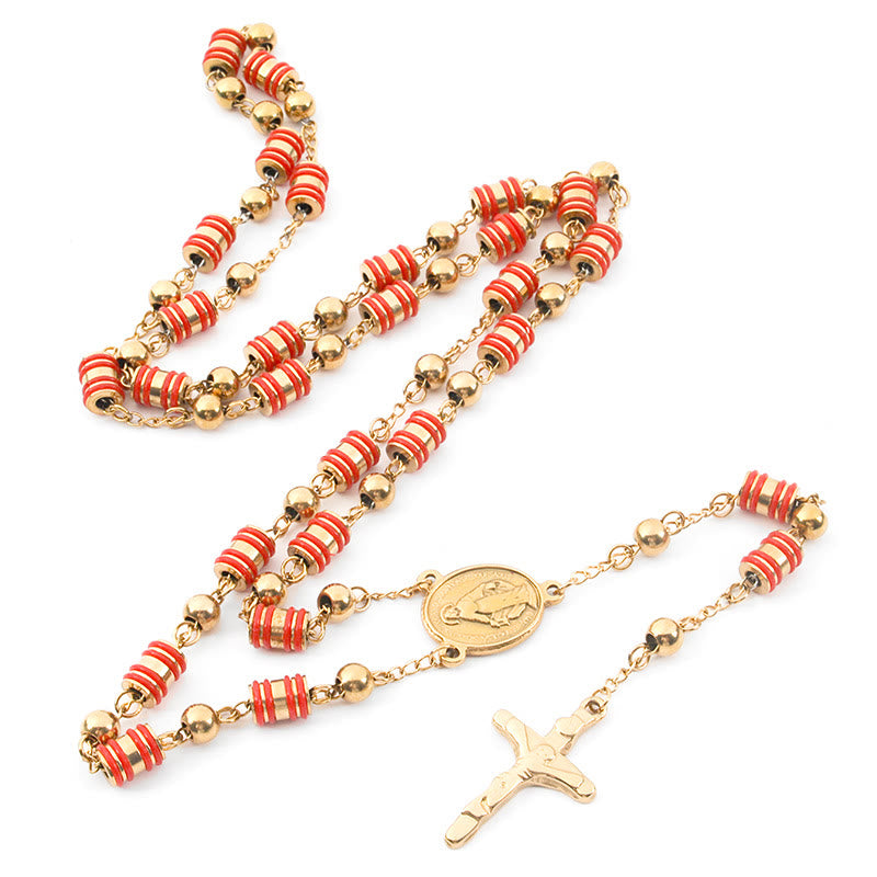 Red Rubber Ring & Gold Beads Cross Rosary - image 3