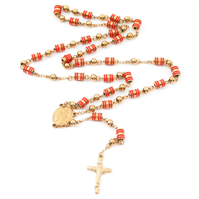 Red Rubber Ring & Gold Beads Cross Rosary - image 2