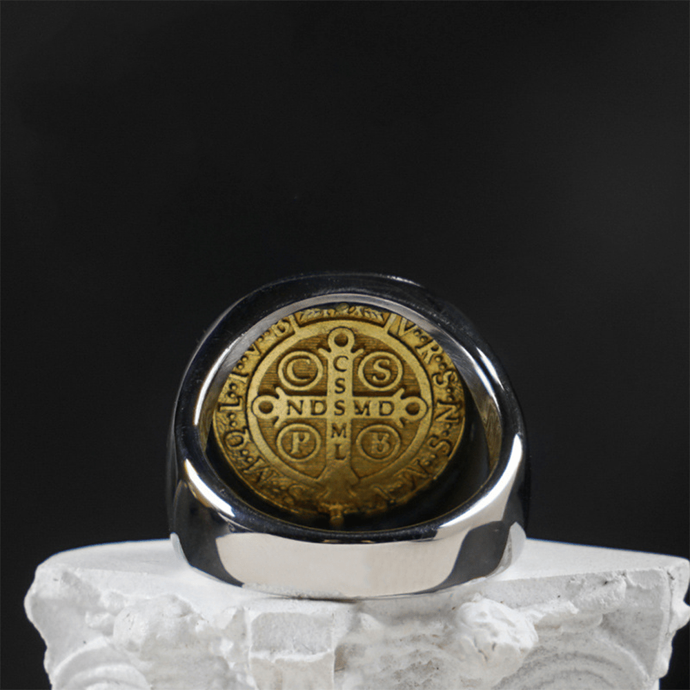 Christianartworkshop Two Tone Catholic St. Benedict Medal Cross Ring - image 2