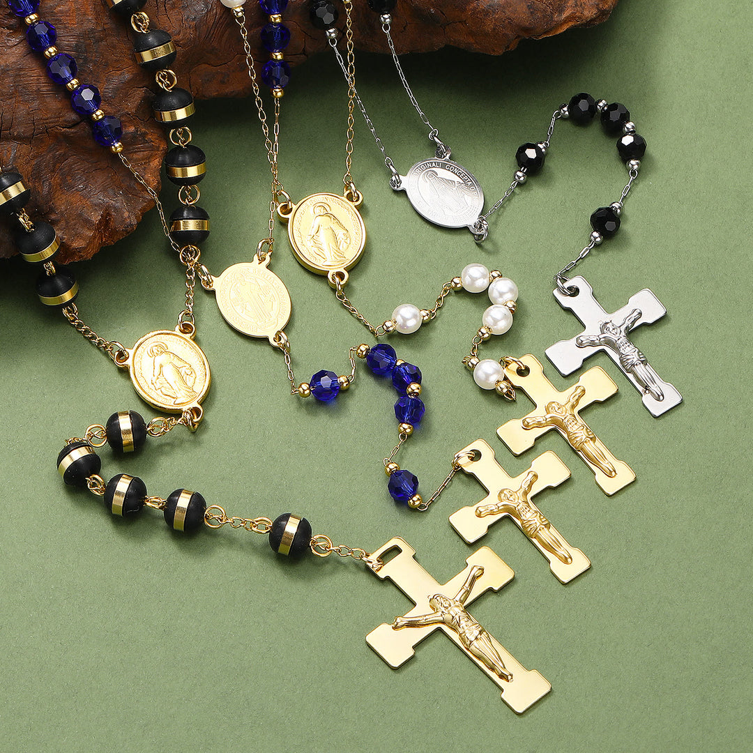 Stainless Steel/Crystal Beads Rosary with Crucifix - Stainless Steel-Black - image 1