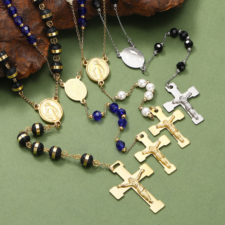 Stainless Steel/Crystal Beads Rosary with Crucifix - Stainless Steel-Black - image 1