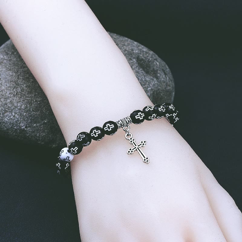 Christianartworkshop Cross Printed Black & White Bead Bracelet - image 4