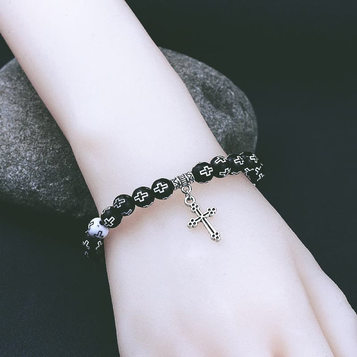 Christianartworkshop Cross Printed Black & White Bead Bracelet - image 4