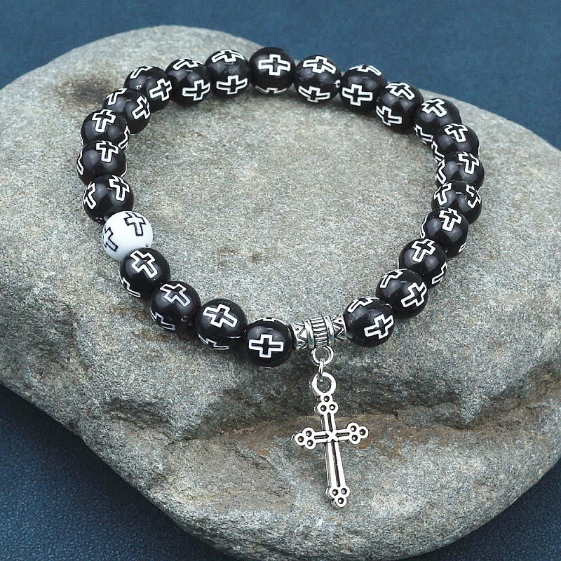 Christianartworkshop Cross Printed Black & White Bead Bracelet - image 2
