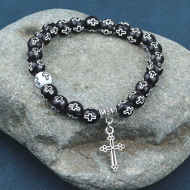 Christianartworkshop Cross Printed Black & White Bead Bracelet - image 2