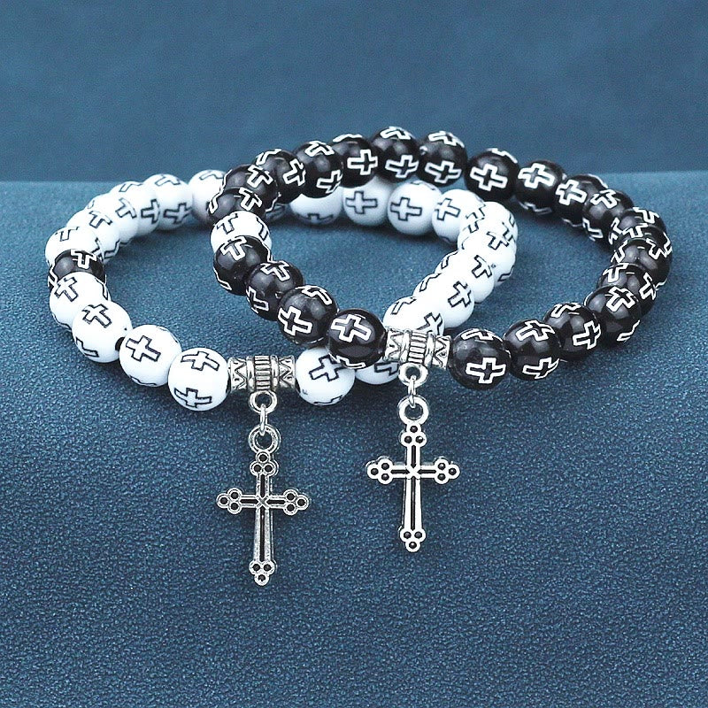 Christianartworkshop Cross Printed Black & White Bead Bracelet - Black - image 1