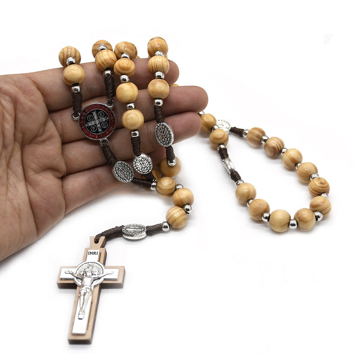 Catholic Crucifix Jesus St. Benedict Weave Pine Wood Beads Rosary - image 3