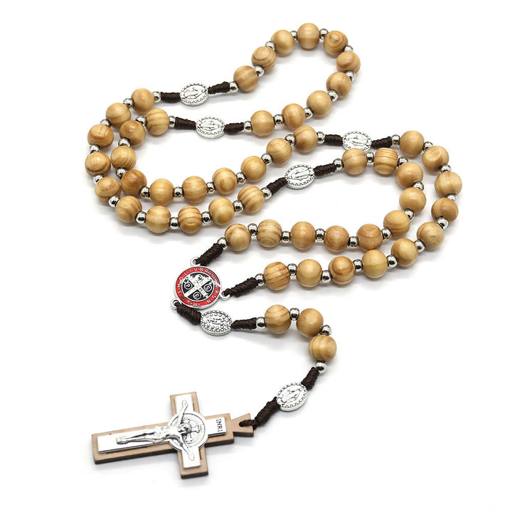 Catholic Crucifix Jesus St. Benedict Weave Pine Wood Beads Rosary - Brown - image 1