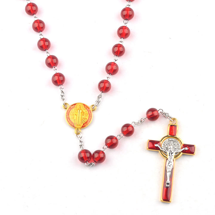Catholic St. Benedict Centerpiece Red Glass Beads Cross Rosary - image 2