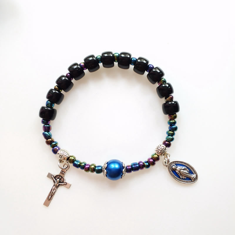 Christianartworkshop Blue Pearl Embellished Miraculous Mary & Crucifix Agate Bracelet - image 3